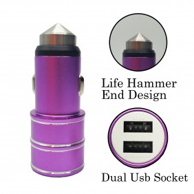 12W USB Car Charger Dual Socket For iPhone Android Tablet With Life Hammer